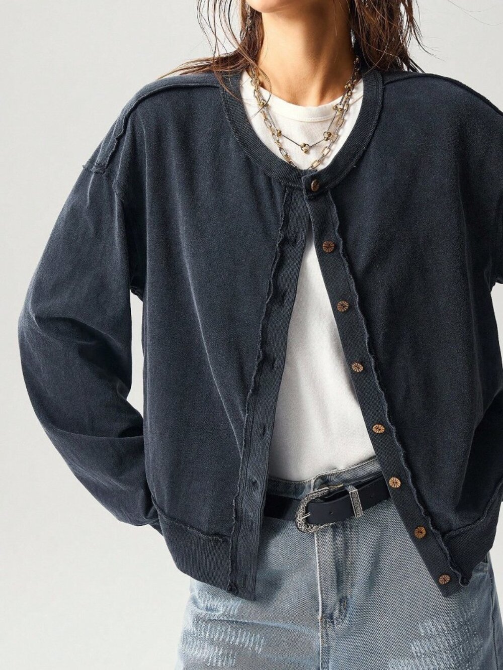 Black Casual Women's Knit Loose Wash Jacket
